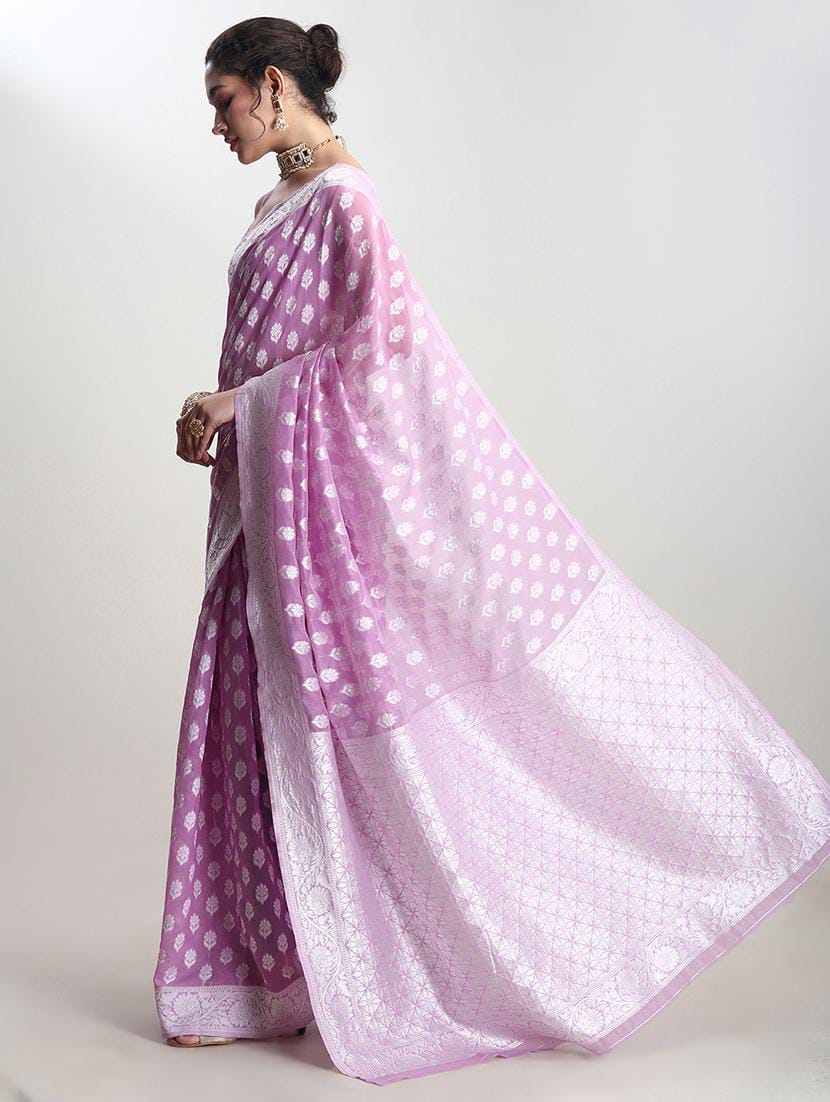 Women’s Soft Lilac / Light Purple Banarasi Silk Blend Saree with Silver Zari Woven Motifs & Matching Blouse Piece