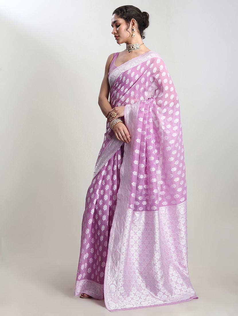Women’s Soft Lilac / Light Purple Banarasi Silk Blend Saree with Silver Zari Woven Motifs & Matching Blouse Piece