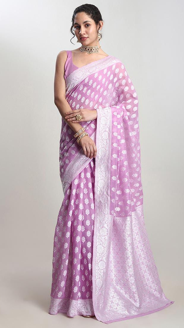Women’s Soft Lilac / Light Purple Banarasi Silk Blend Saree with Silver Zari Woven Motifs & Matching Blouse Piece