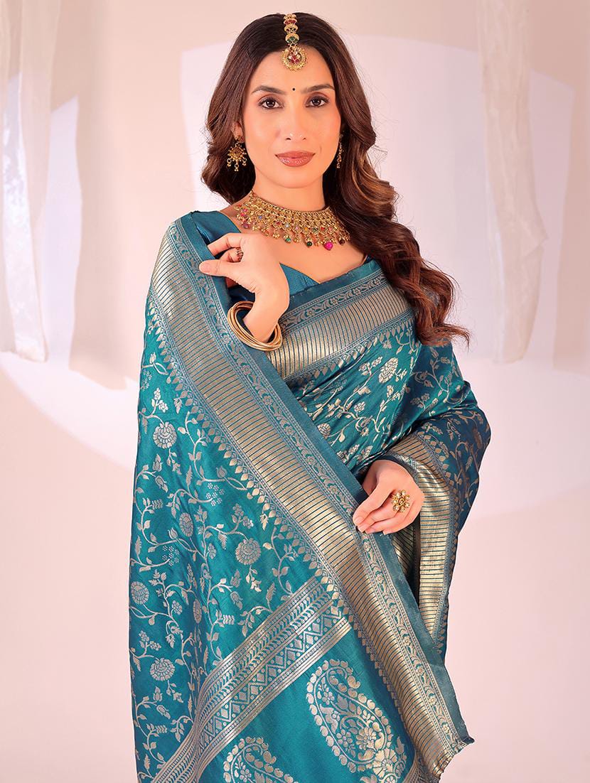 Women’s Peacock Blue Banarasi Art Silk Saree with All-Over Gold Zari Floral Jaal & Paisley Pallu
