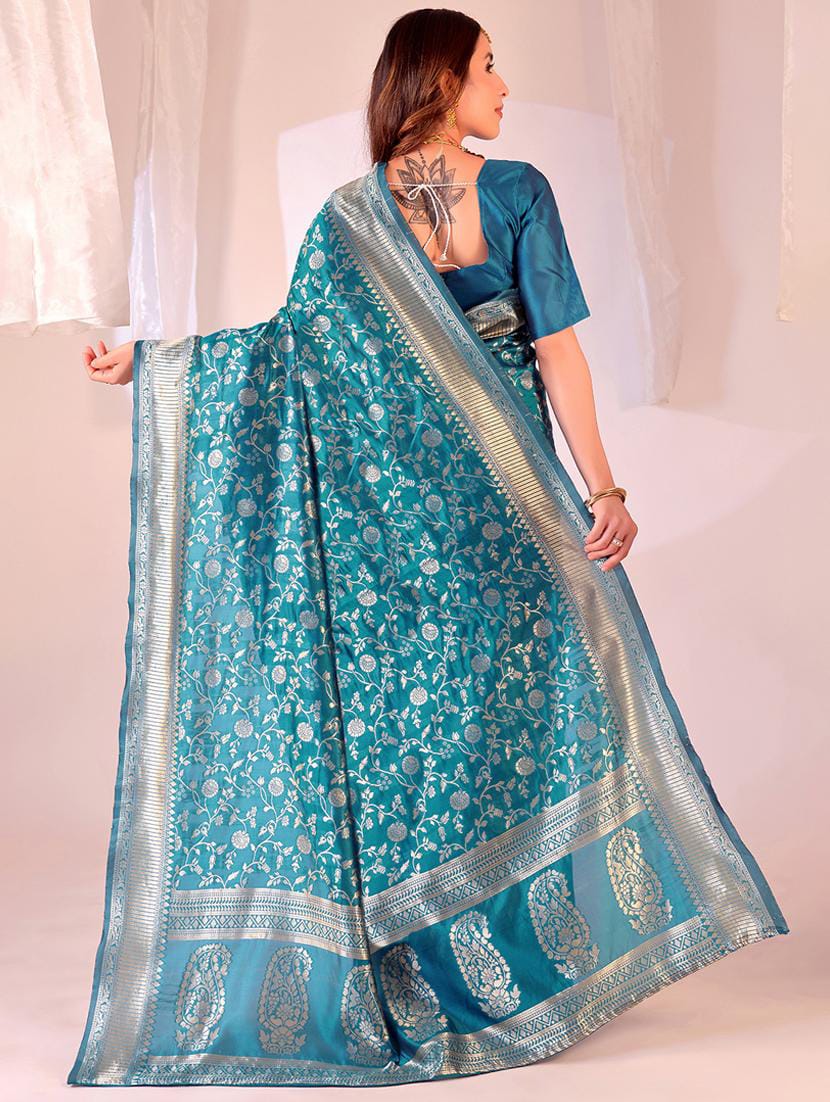 Women’s Peacock Blue Banarasi Art Silk Saree with All-Over Gold Zari Floral Jaal & Paisley Pallu