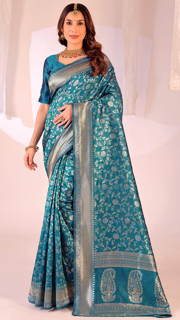 Women’s Peacock Blue Banarasi Art Silk Saree with All-Over Gold Zari Floral Jaal & Paisley Pallu