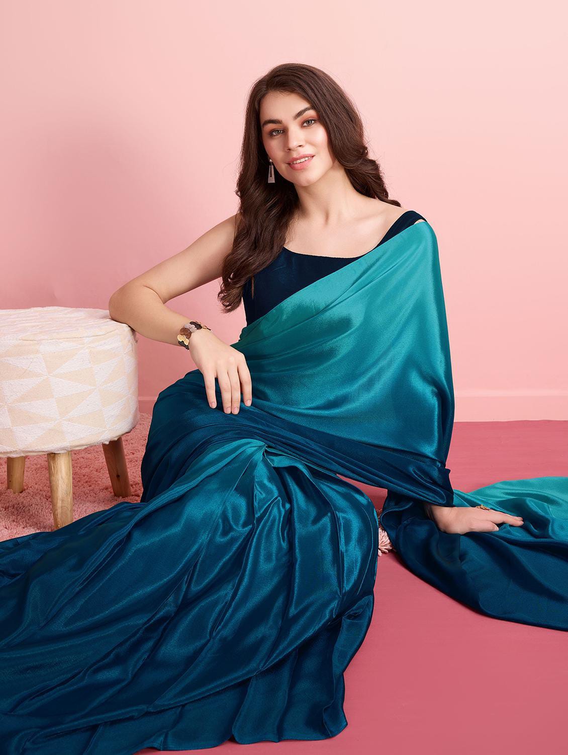 Women's Dual-Tone Teal Blue Satin Silk Saree with Solid Unstitched Blouse Piece