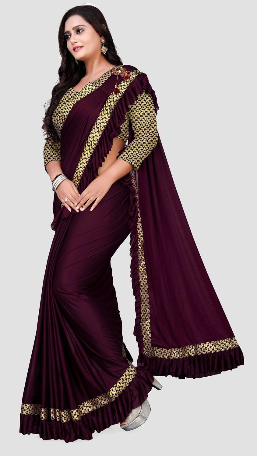 Women’s Deep Wine Ruffle Saree with Gold Paisley Border & Matching Jacquard Blouse Piece