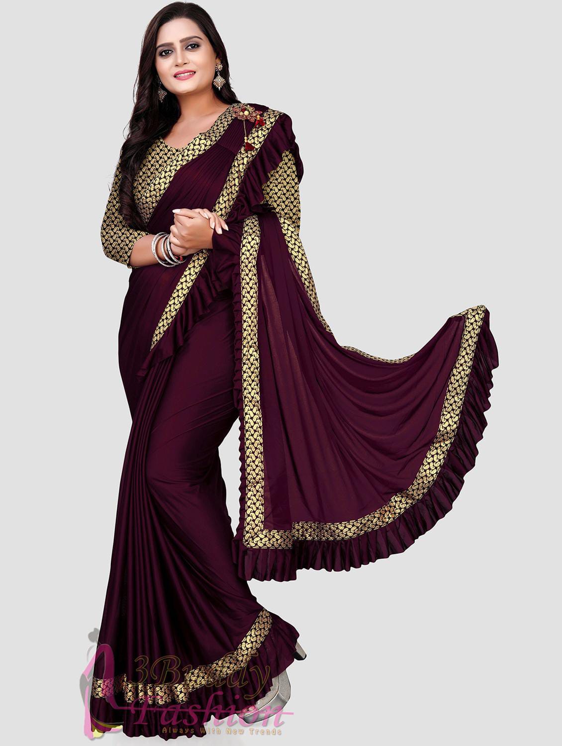 Women’s Deep Wine Ruffle Saree with Gold Paisley Border & Matching Jacquard Blouse Piece