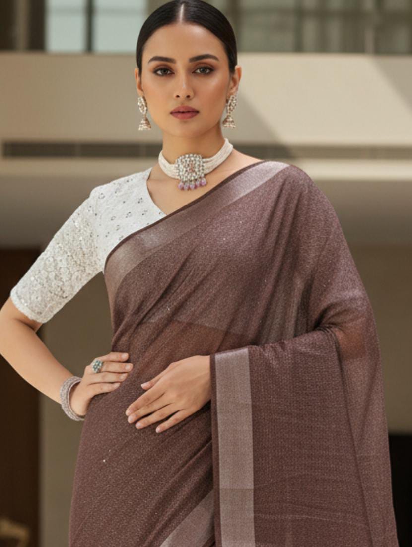 Women’s Metallic Coffee Brown Tissue Georgette Saree with Silver Zari Border & White Embroidered Blouse Piece