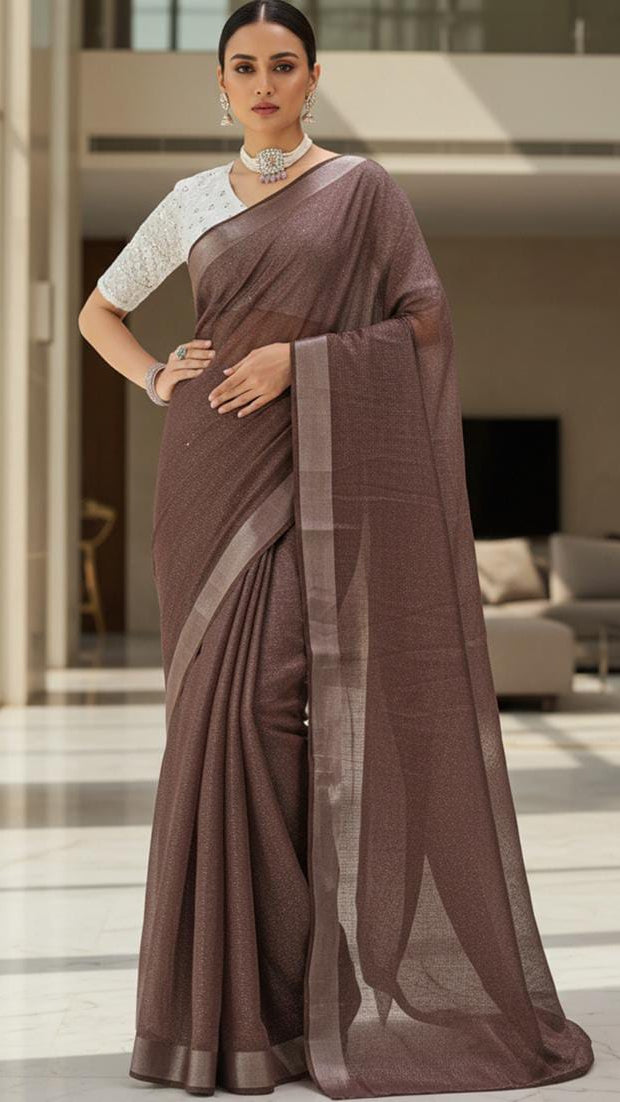 Women’s Metallic Coffee Brown Tissue Georgette Saree with Silver Zari Border & White Embroidered Blouse Piece