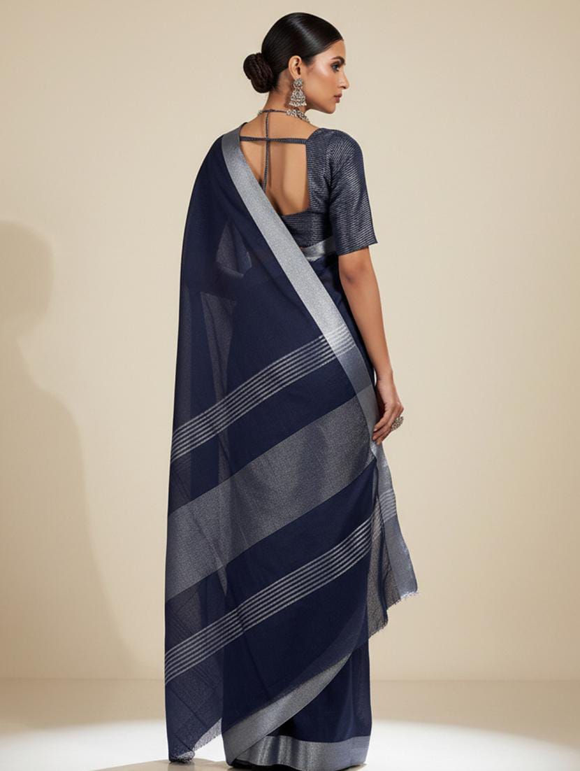 Women’s Midnight Navy Blue Linen Silk Saree with Metallic Silver Zari Border & Matching Blouse Piece