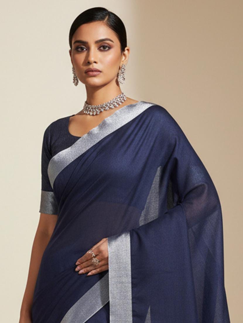 Women’s Midnight Navy Blue Linen Silk Saree with Metallic Silver Zari Border & Matching Blouse Piece