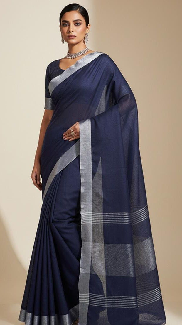 Women’s Midnight Navy Blue Linen Silk Saree with Metallic Silver Zari Border & Matching Blouse Piece
