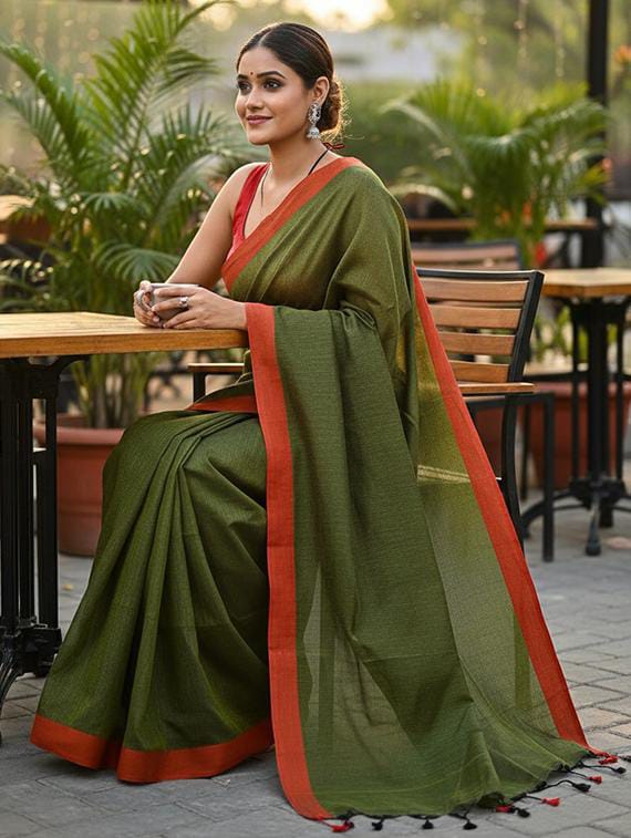 Women’s Olive Green Linen Blend Saree with Rust Red Contrast Border & Tassels
