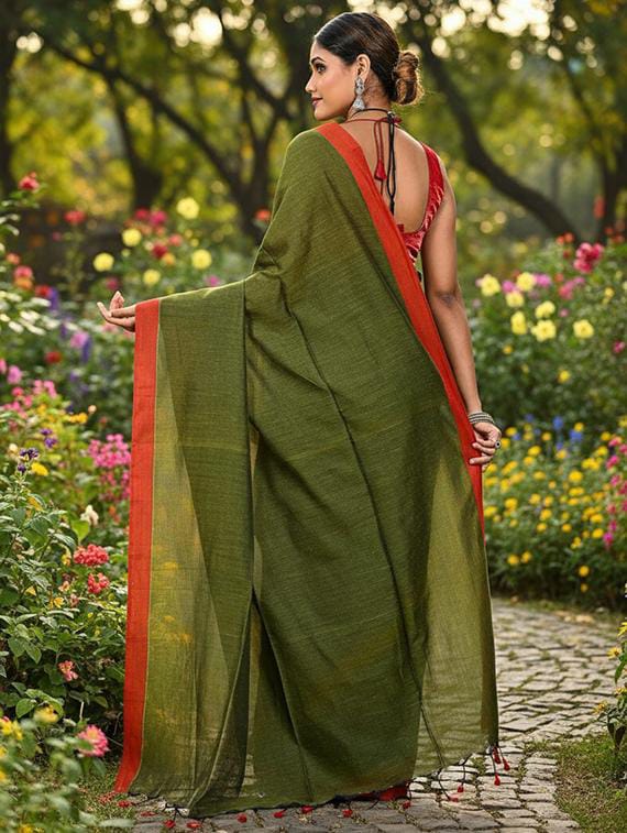 Women’s Olive Green Linen Blend Saree with Rust Red Contrast Border & Tassels