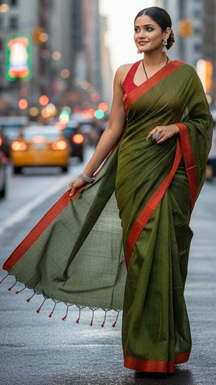 Women’s Olive Green Linen Blend Saree with Rust Red Contrast Border & Tassels