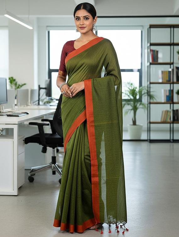 Women’s Olive Green Linen Blend Saree with Rust Red Contrast Border & Tassels