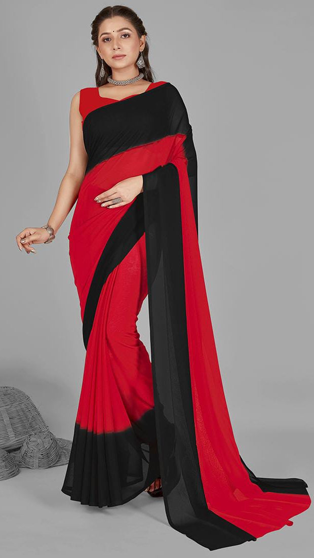 Women's Red and Black Dual-Tone Georgette Saree with Solid Unstitched Blouse Piece