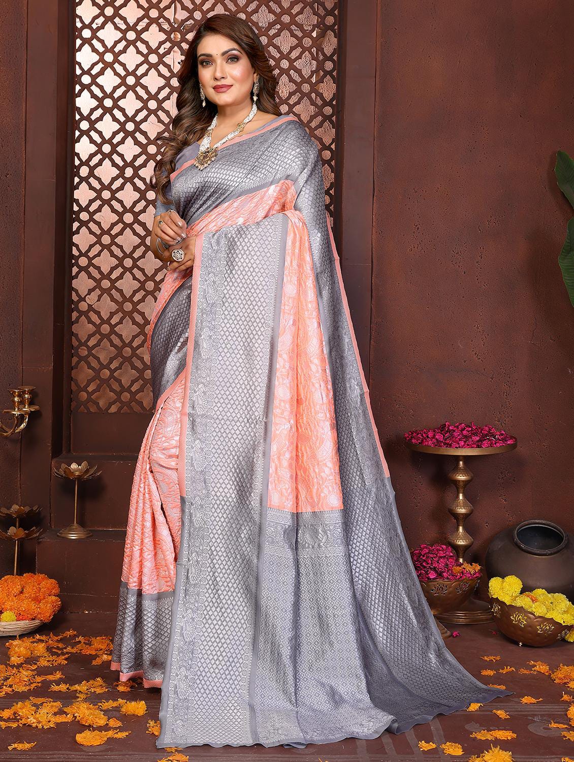 Dual-Tone Grey & Peach Art Silk Banarasi Saree with Geometric Jacquard & Floral Work