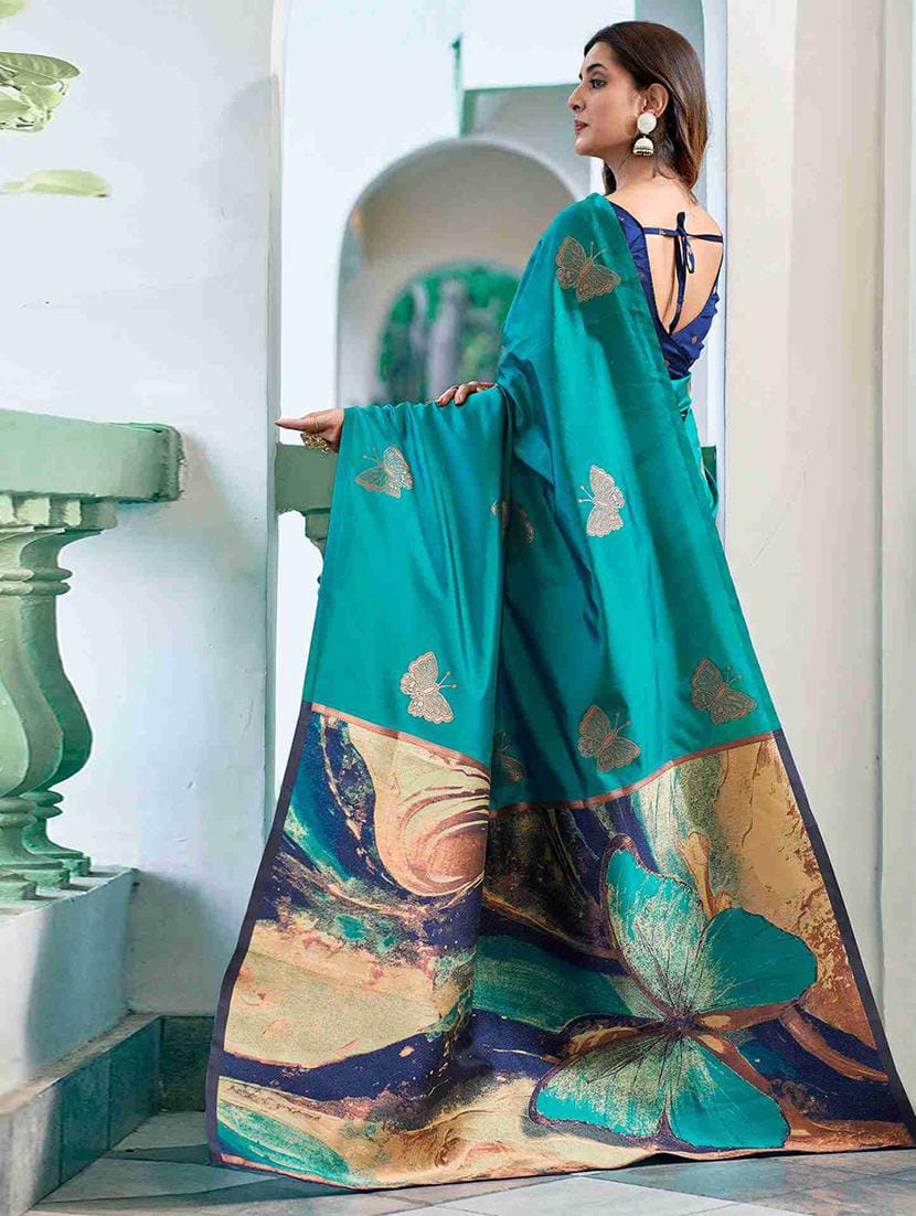 Teal Green Art Silk Saree with Contrast Navy Blue Blouse & Large Digital Floral Motif