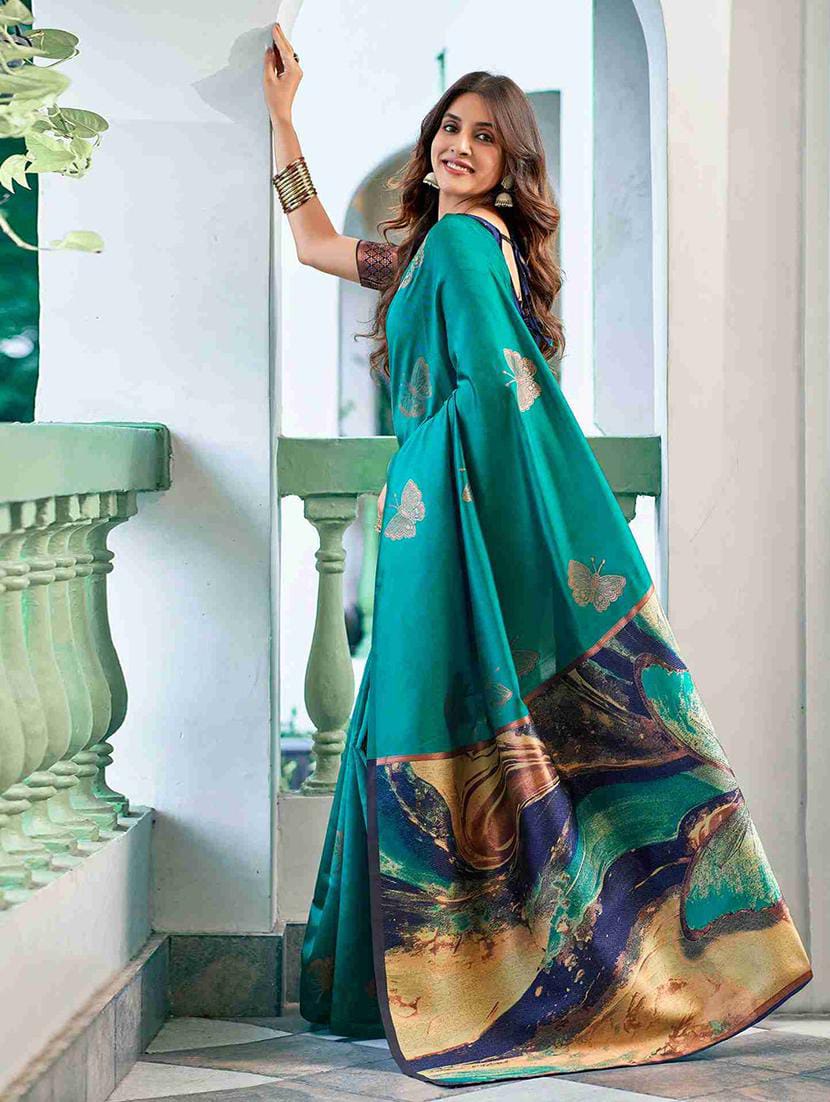 Teal Green Art Silk Saree with Contrast Navy Blue Blouse & Large Digital Floral Motif