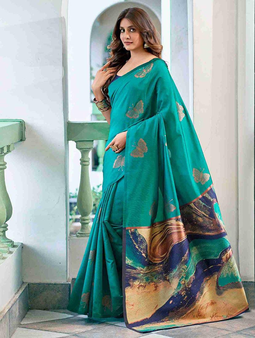 Teal Green Art Silk Saree with Contrast Navy Blue Blouse & Large Digital Floral Motif