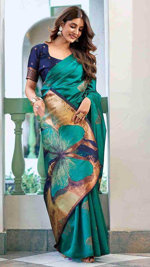 Teal Green Art Silk Saree with Contrast Navy Blue Blouse & Large Digital Floral Motif