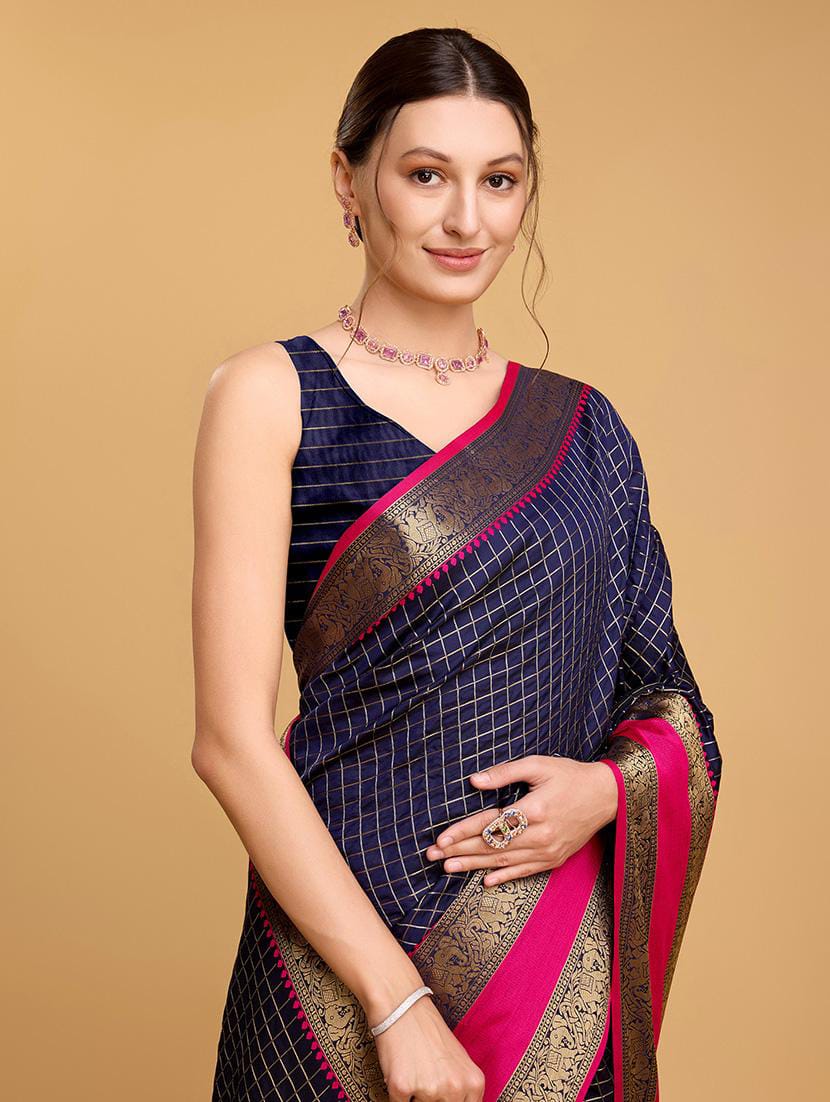 Navy Blue Checked Art Silk Saree with Rani Pink Contrast Zari Border & Tassels