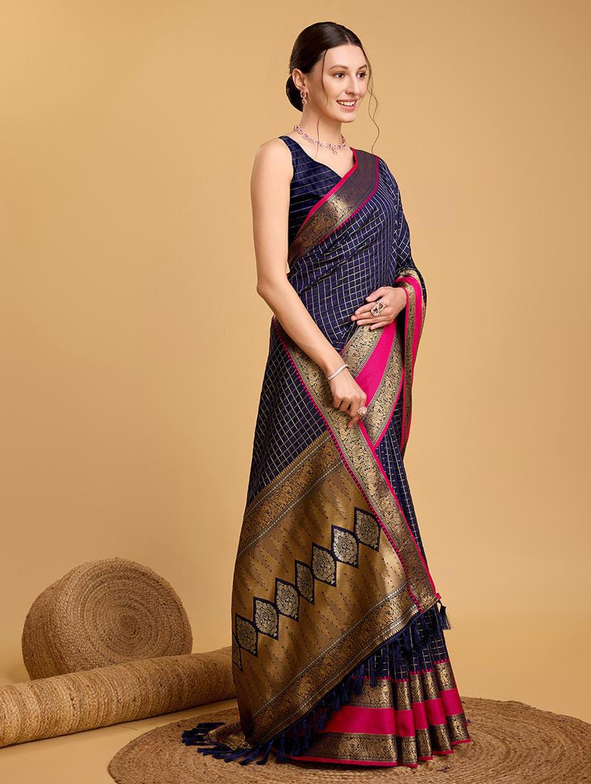 Navy Blue Checked Art Silk Saree with Rani Pink Contrast Zari Border & Tassels