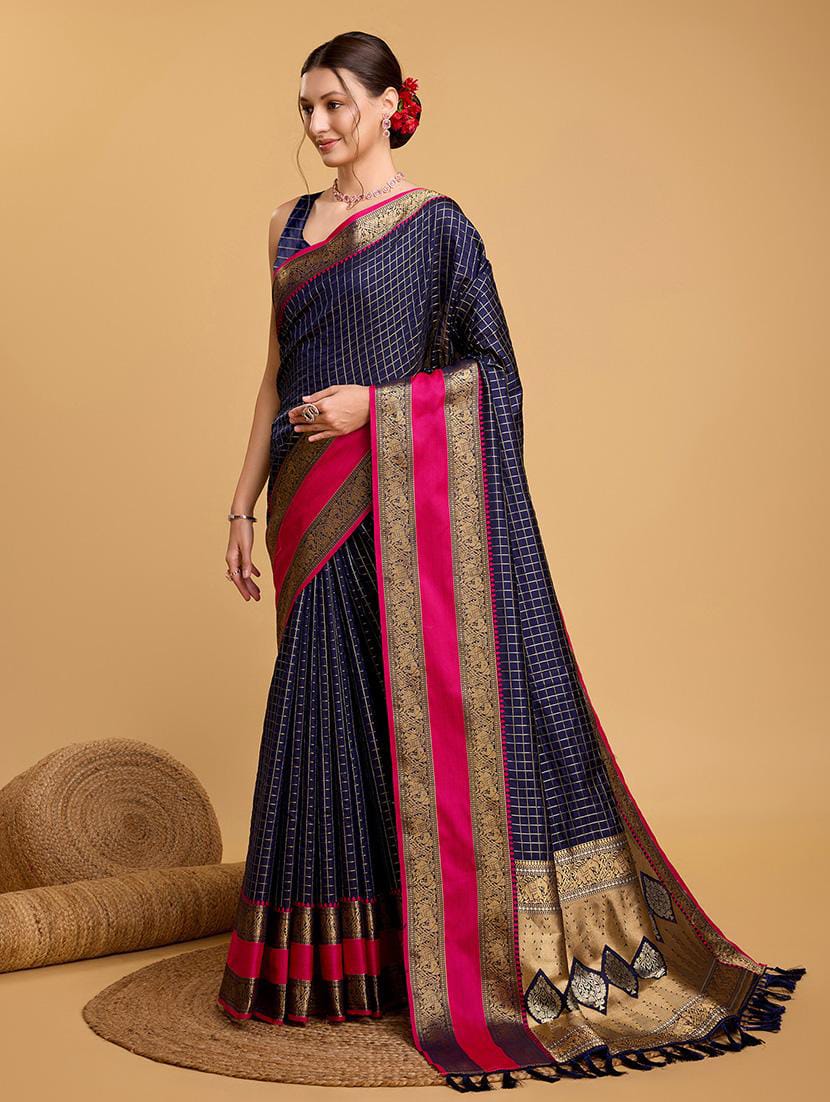 Navy Blue Checked Art Silk Saree with Rani Pink Contrast Zari Border & Tassels