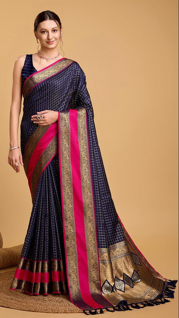 Navy Blue Checked Art Silk Saree with Rani Pink Contrast Zari Border & Tassels
