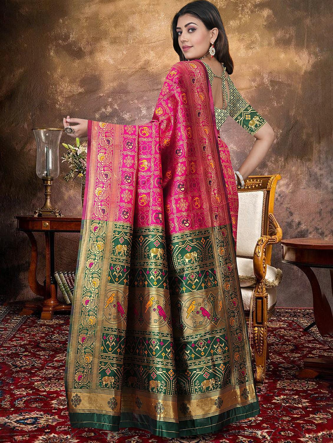Magenta Pink & Bottle Green Patola Silk Saree with Contrast Brocade Blouse