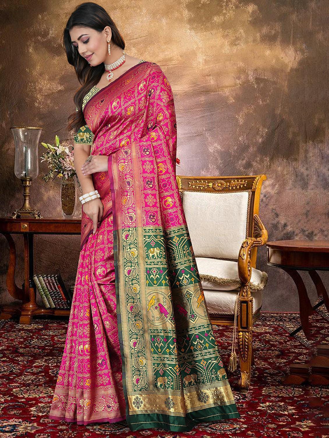 Magenta Pink & Bottle Green Patola Silk Saree with Contrast Brocade Blouse