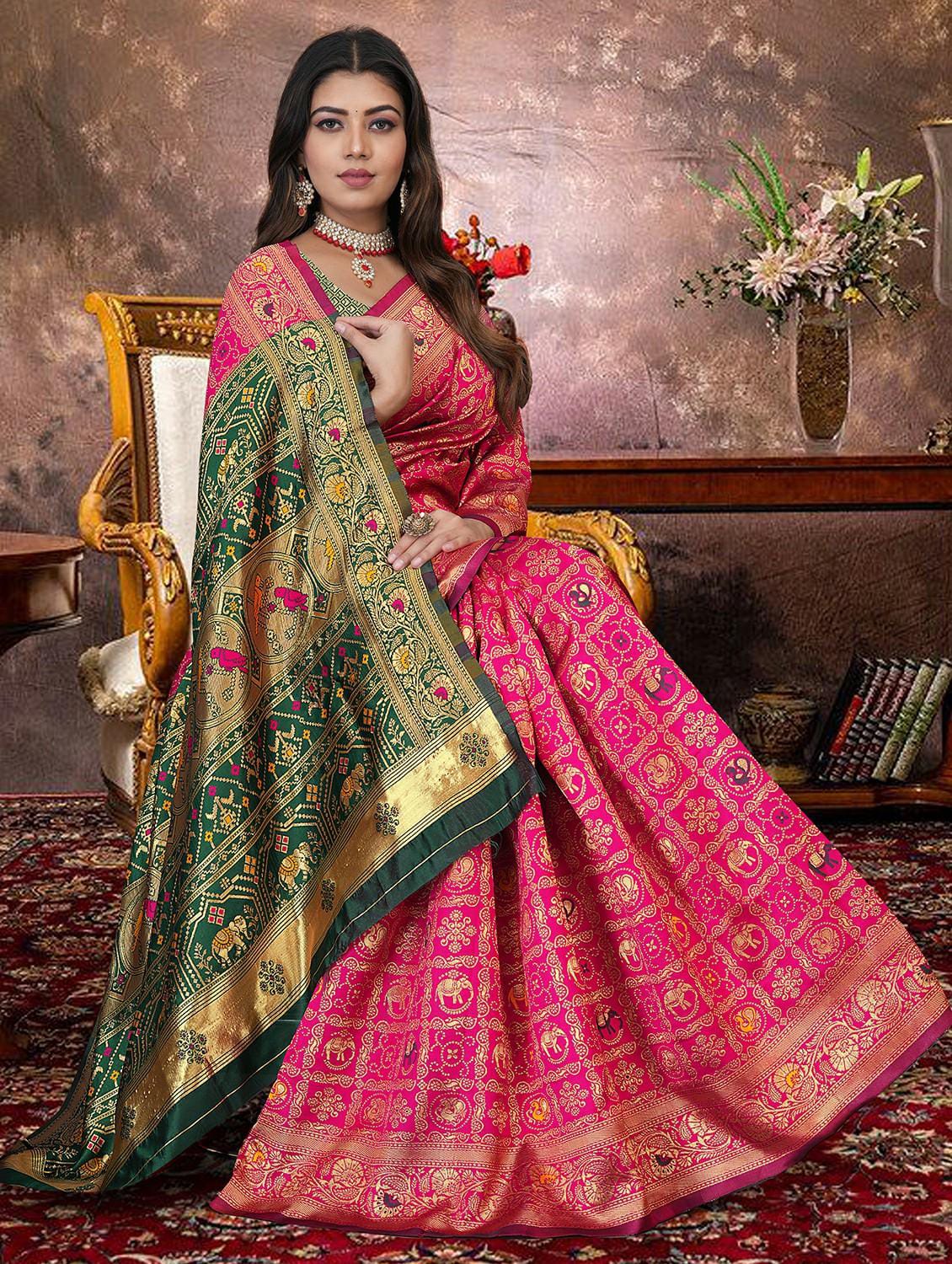 Magenta Pink & Bottle Green Patola Silk Saree with Contrast Brocade Blouse
