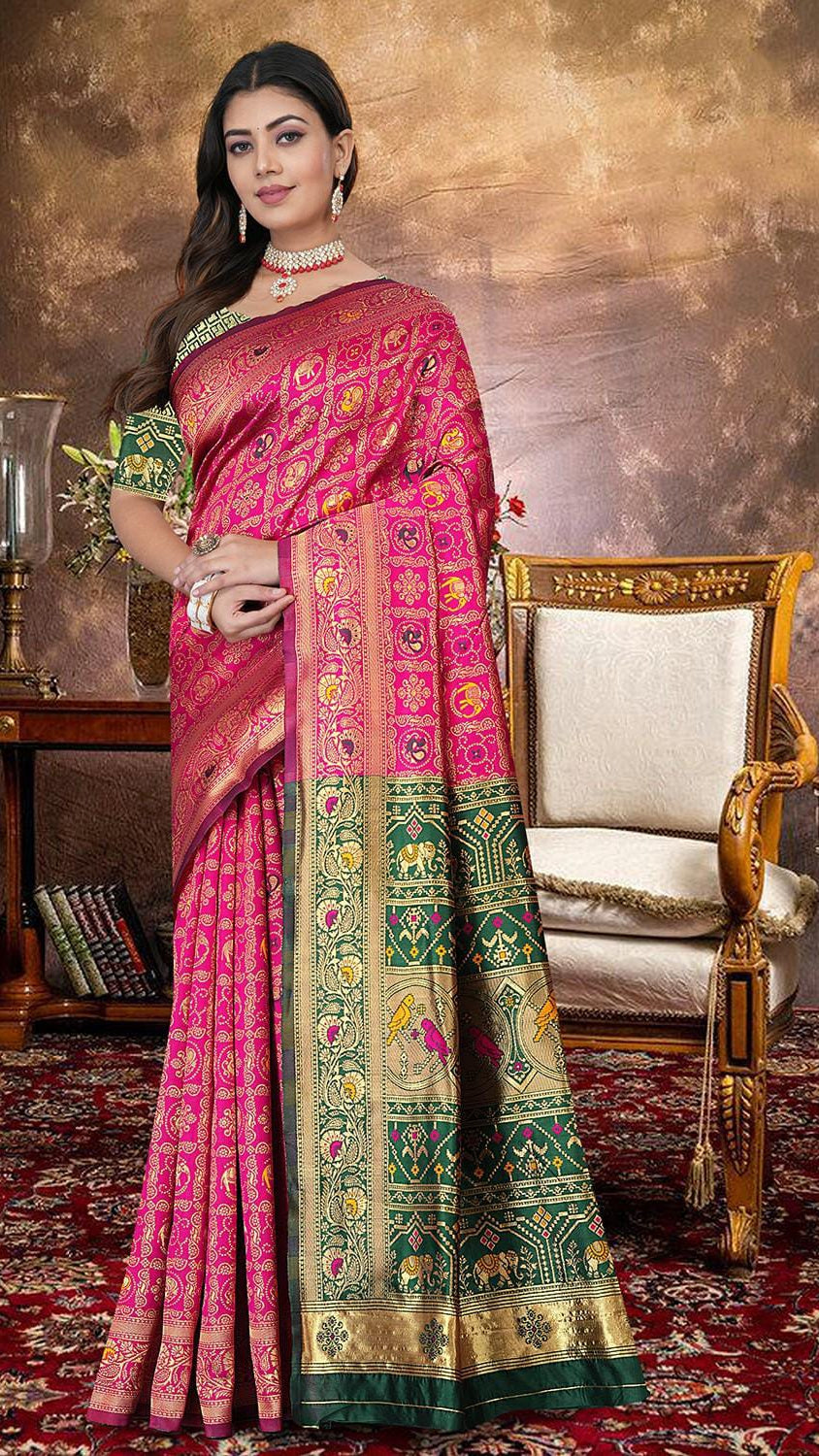 Magenta Pink & Bottle Green Patola Silk Saree with Contrast Brocade Blouse