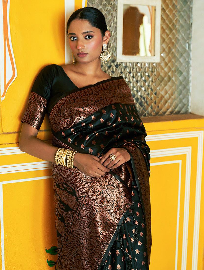 Black Banarasi Soft Silk Saree with Copper Zari Woven Bootis & Rich Brocade Pallu