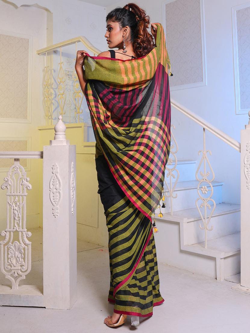 Black & Olive Green Striped Handloom Cotton Saree with Pink Piping & Checkered Pallu