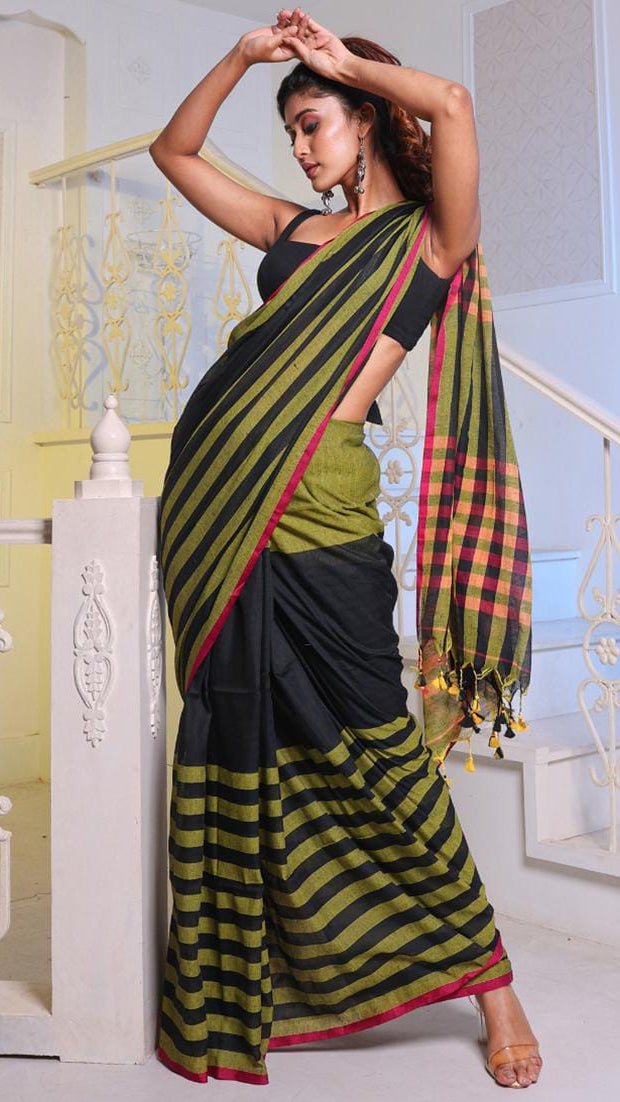 Black & Olive Green Striped Handloom Cotton Saree with Pink Piping & Checkered Pallu