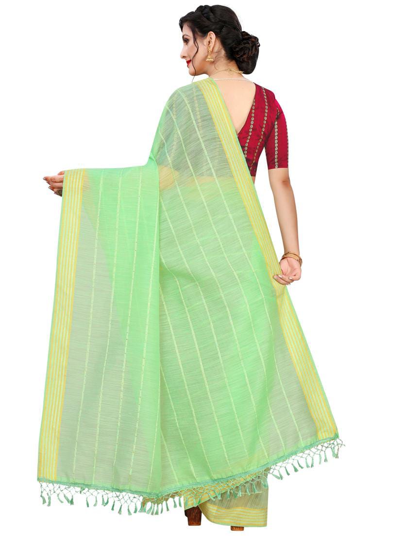 Light Mint Green Chanderi Cotton Saree with Zari Striped Lines & Contrast Maroon Printed Blouse