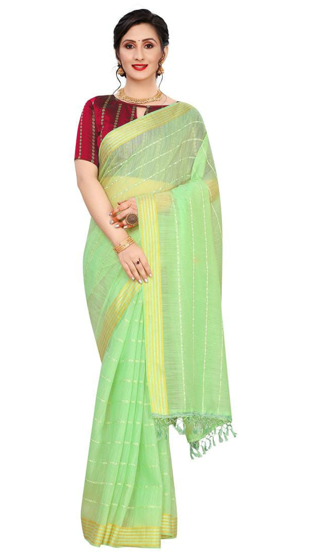 Light Mint Green Chanderi Cotton Saree with Zari Striped Lines & Contrast Maroon Printed Blouse