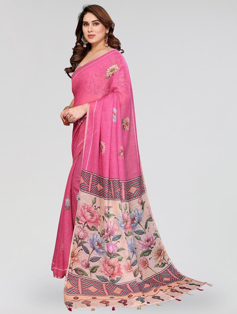 Women’s Pink Floral Printed Linen Cotton Saree with Contrast Blouse