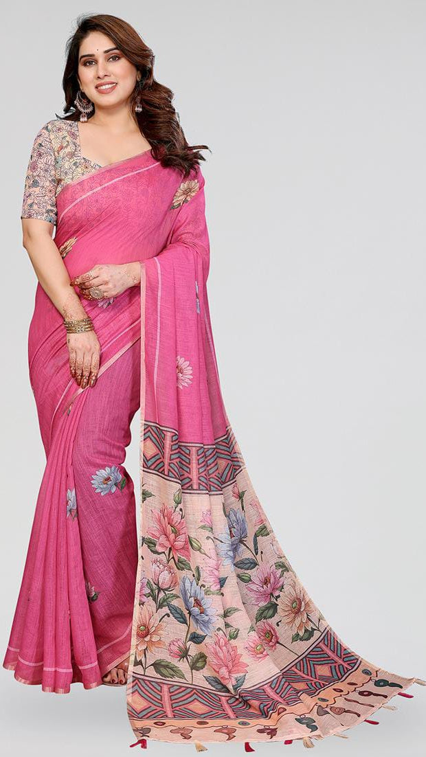Women’s Pink Floral Printed Linen Cotton Saree with Contrast Blouse