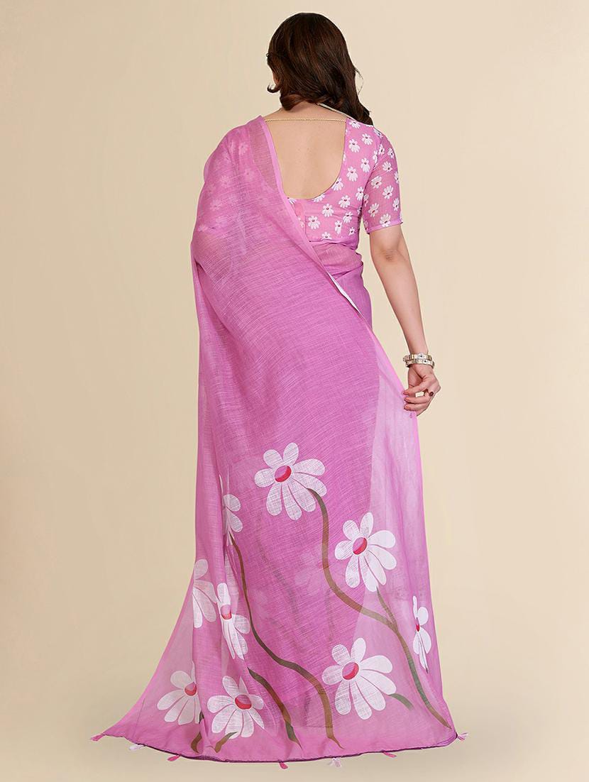 Women’s Lilac Pink Floral Printed Linen Saree with Embroidered Blouse Piece