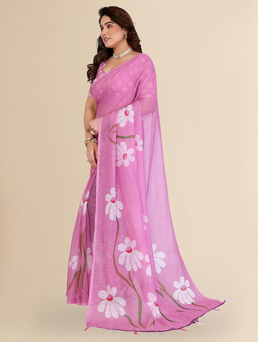 Women’s Lilac Pink Floral Printed Linen Saree with Embroidered Blouse Piece