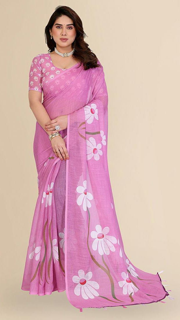 Women’s Lilac Pink Floral Printed Linen Saree with Embroidered Blouse Piece