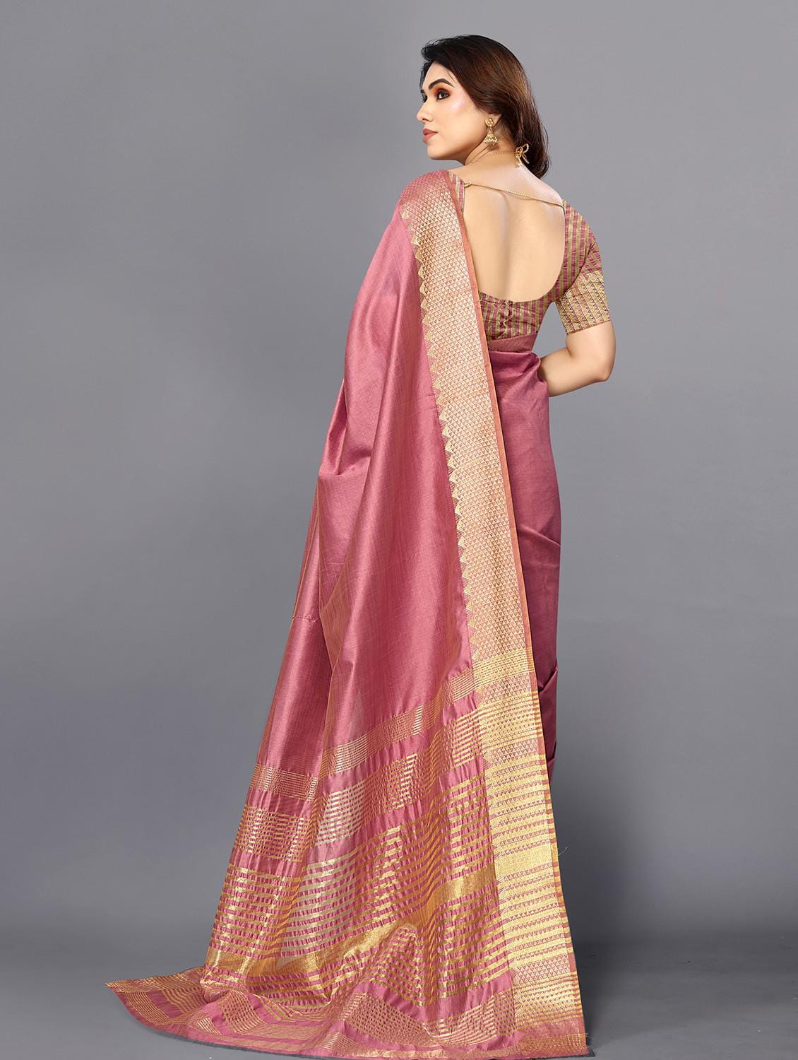 Women’s Dusty Rose Pink Raw Silk Saree with Geometric Golden Zari Border