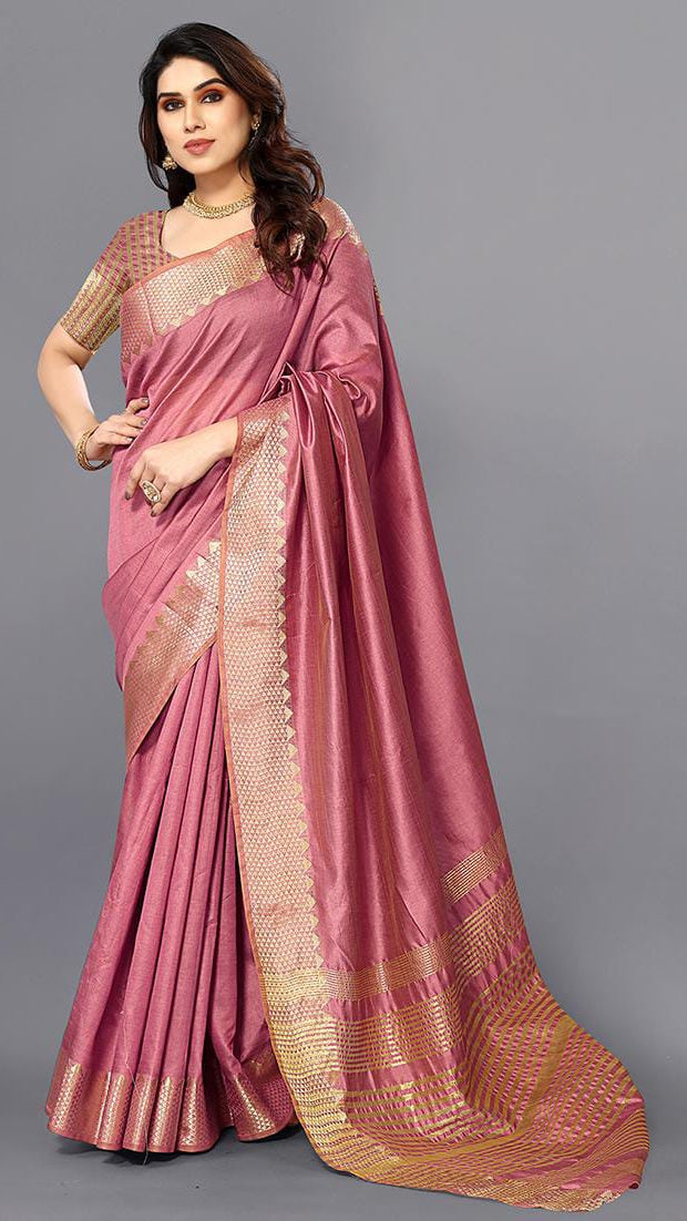 Women’s Dusty Rose Pink Raw Silk Saree with Geometric Golden Zari Border