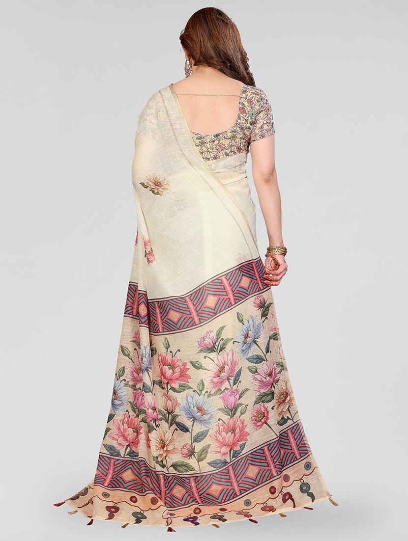 Women’s Off-White Floral Printed Linen Cotton Saree with Contrast Blouse