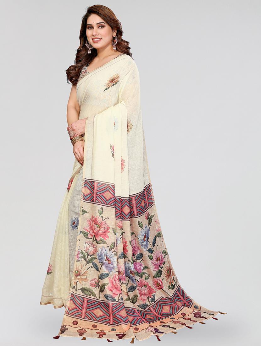 Women’s Off-White Floral Printed Linen Cotton Saree with Contrast Blouse