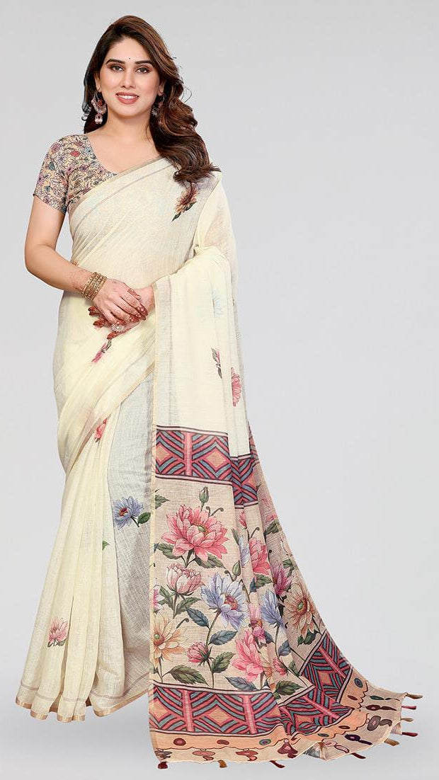 Women’s Off-White Floral Printed Linen Cotton Saree with Contrast Blouse