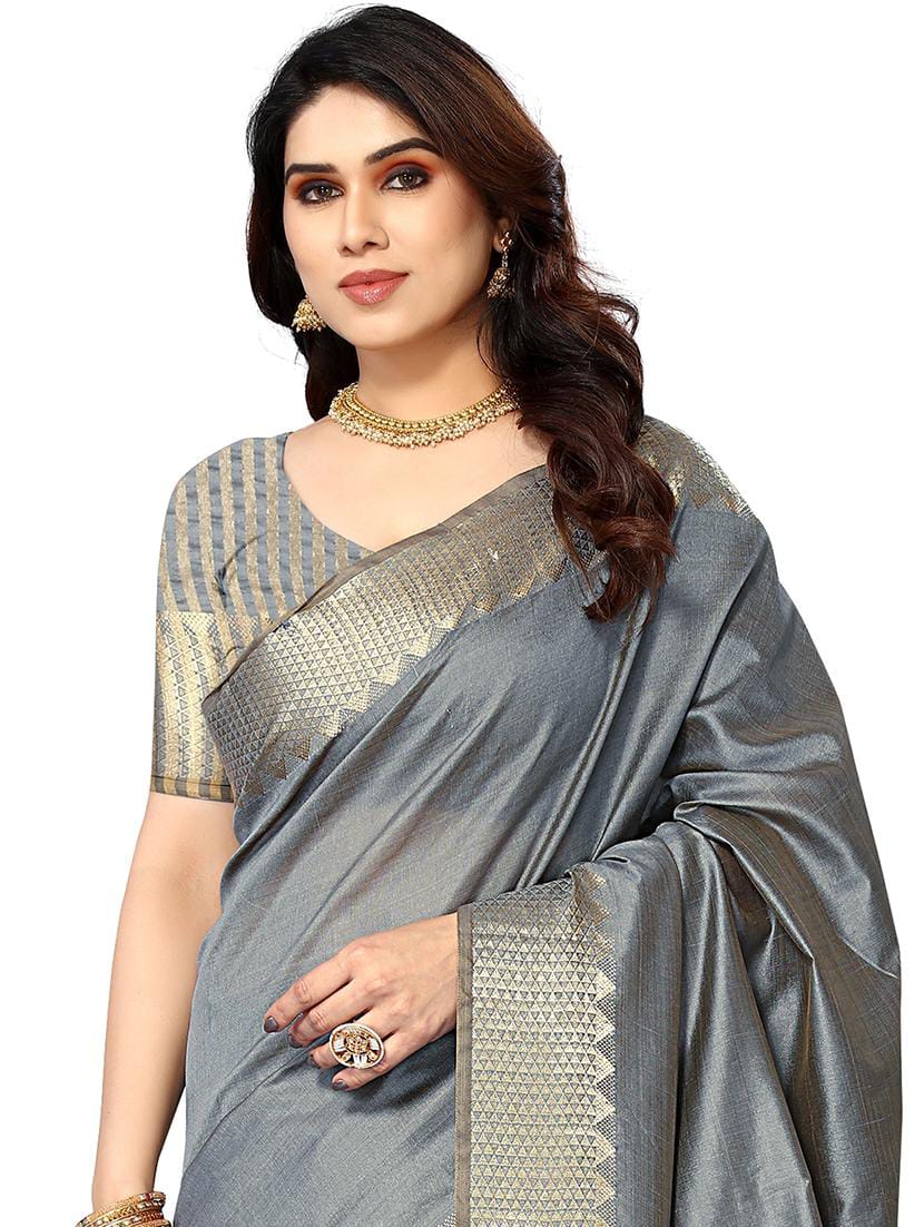 Women’s Slate Grey Raw Silk Saree with Geometric Golden Zari Border