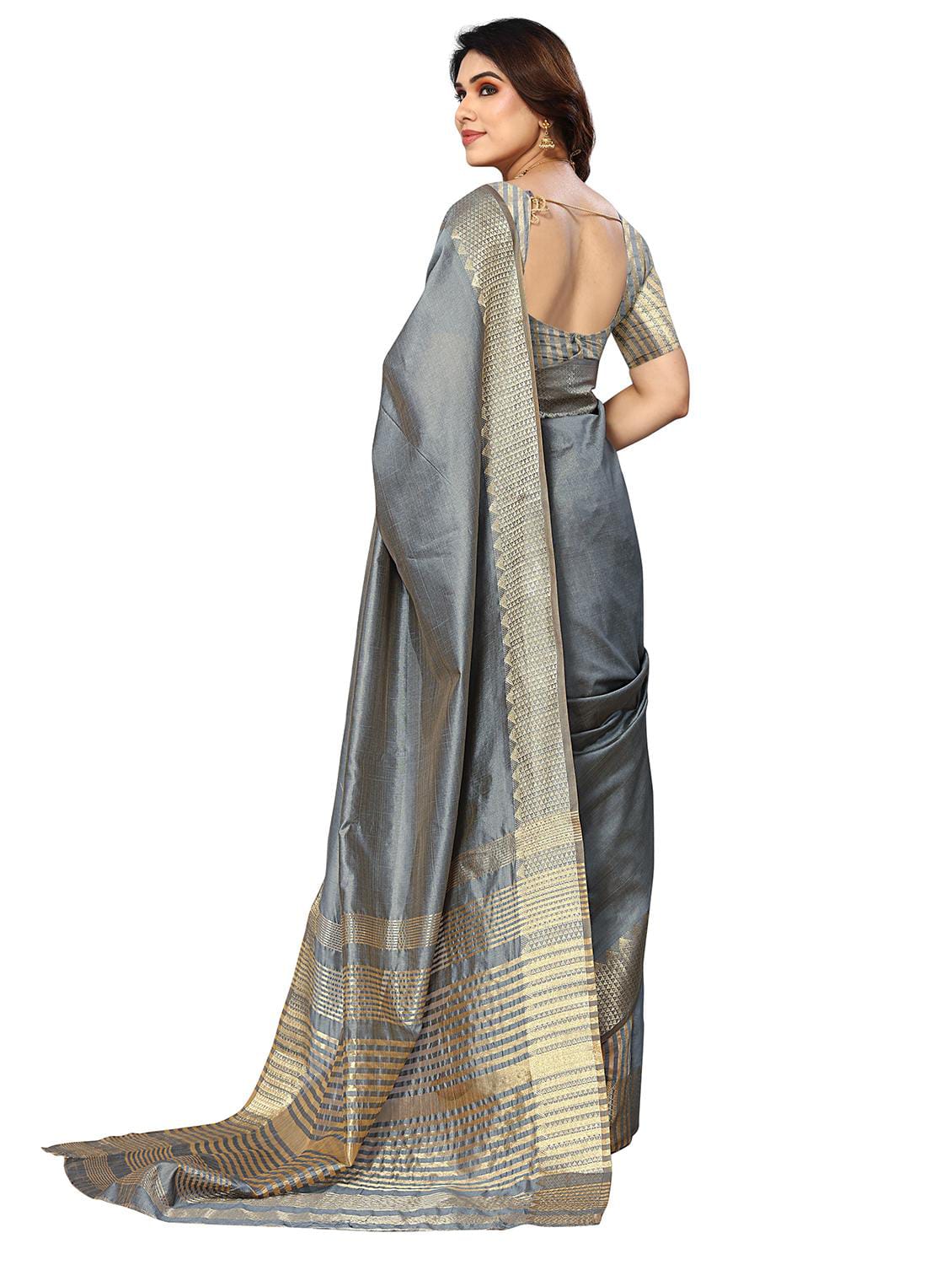 Women’s Slate Grey Raw Silk Saree with Geometric Golden Zari Border