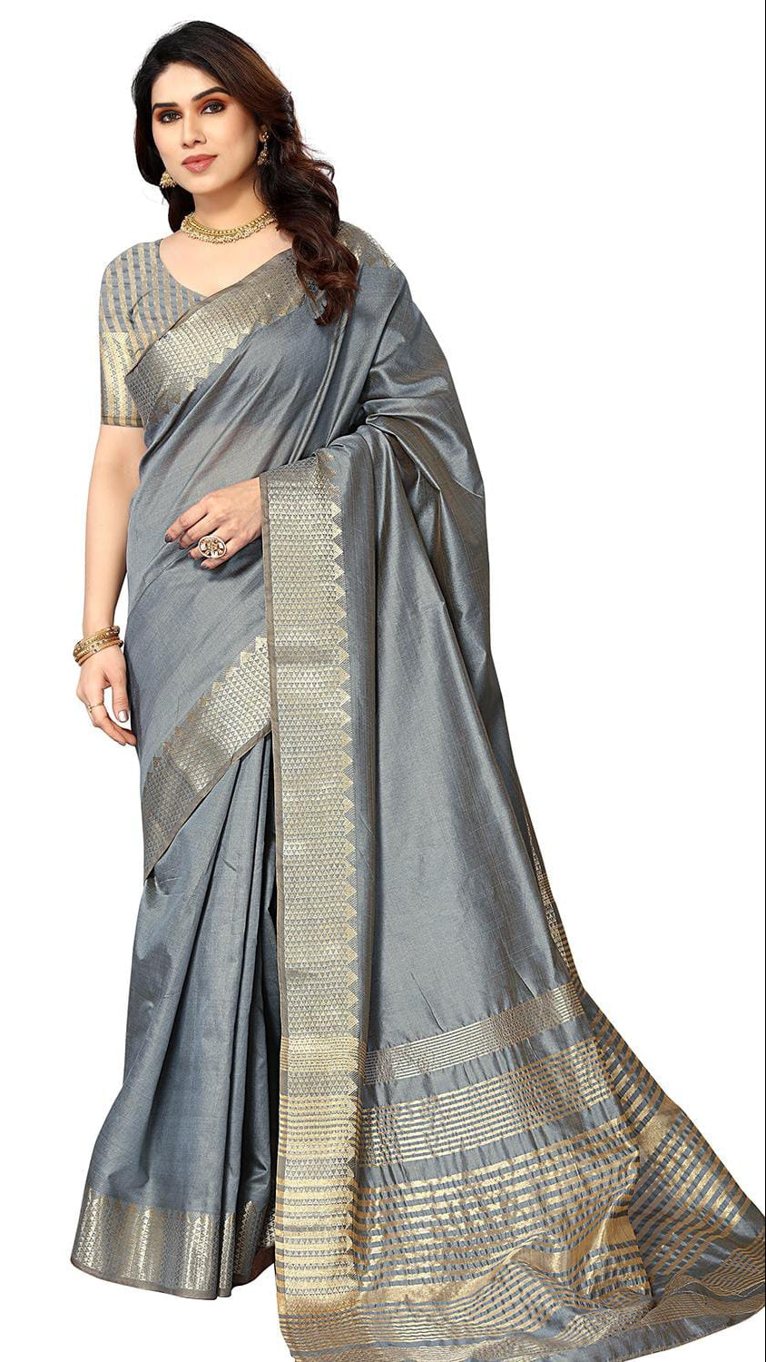Women’s Slate Grey Raw Silk Saree with Geometric Golden Zari Border